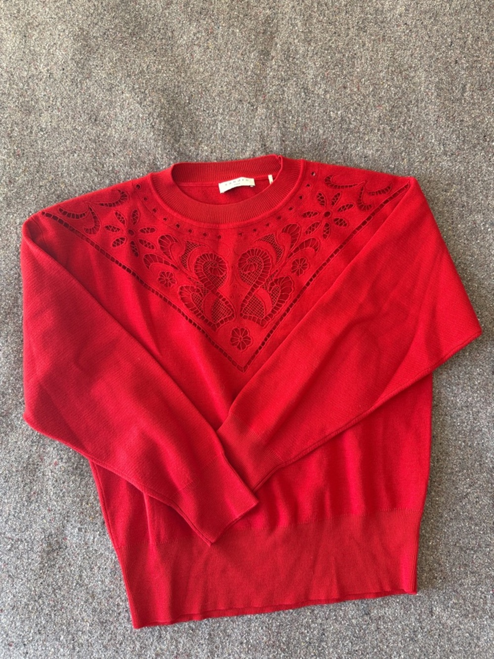Sandro Red Cutwork Floral Yoke Sweater (Size 1/Small)